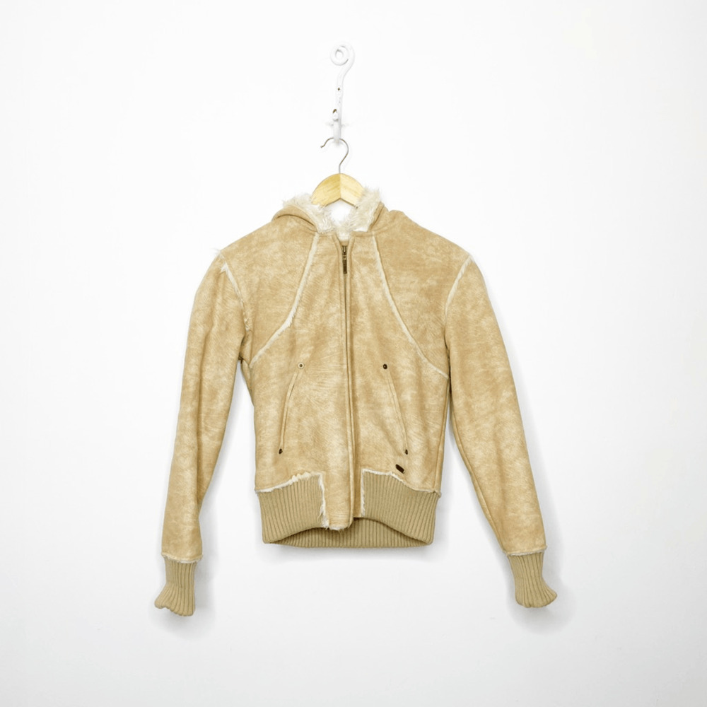 VTG 90s Y2K 00s L.E.I. Shearling Faux Suede hoodie JACKET full zip WOMENS S